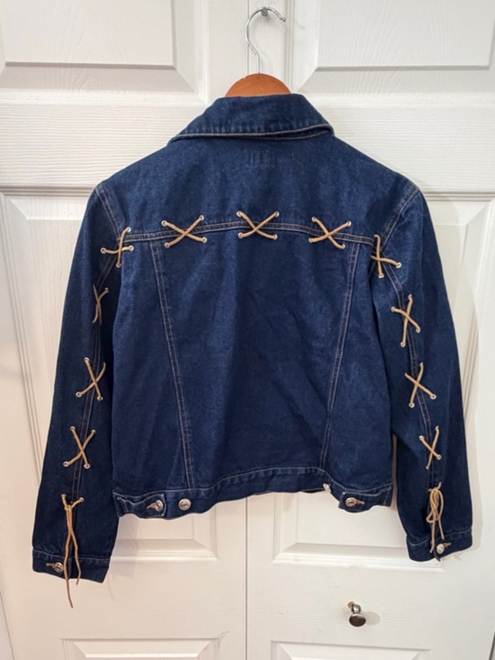 The Blues Missy Vintage Y2K Denim Jacket Small Lace Up Western Dark Wash Jean